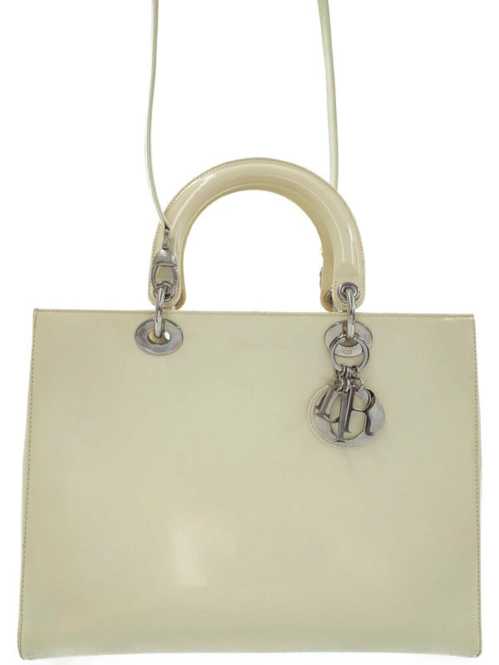 Christian Dior cream patent leather Lady Dior tote bag hanging charm